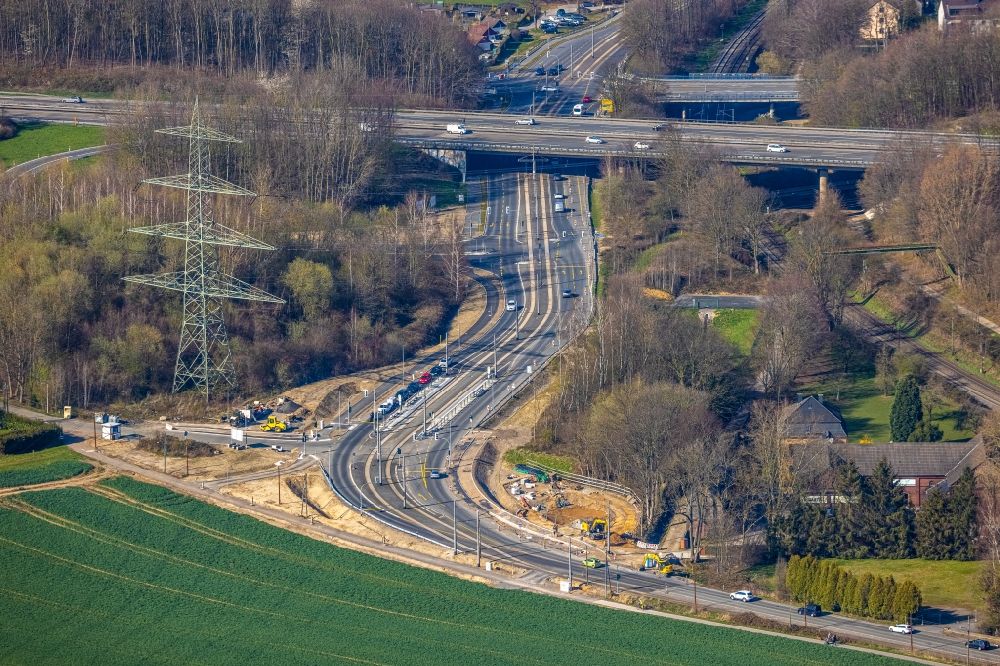 Bochum from above - Highway- Construction site with earthworks along the route and of the route of the highway of BAB A44 in Witten at Ruhrgebiet in the state North Rhine-Westphalia, Germany