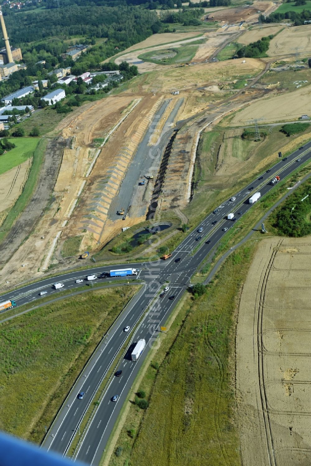 Borna from above - Highway- Construction site with earthworks along the route and of the route of the highway route B95 to A72 motorway in Borna in the state Saxony