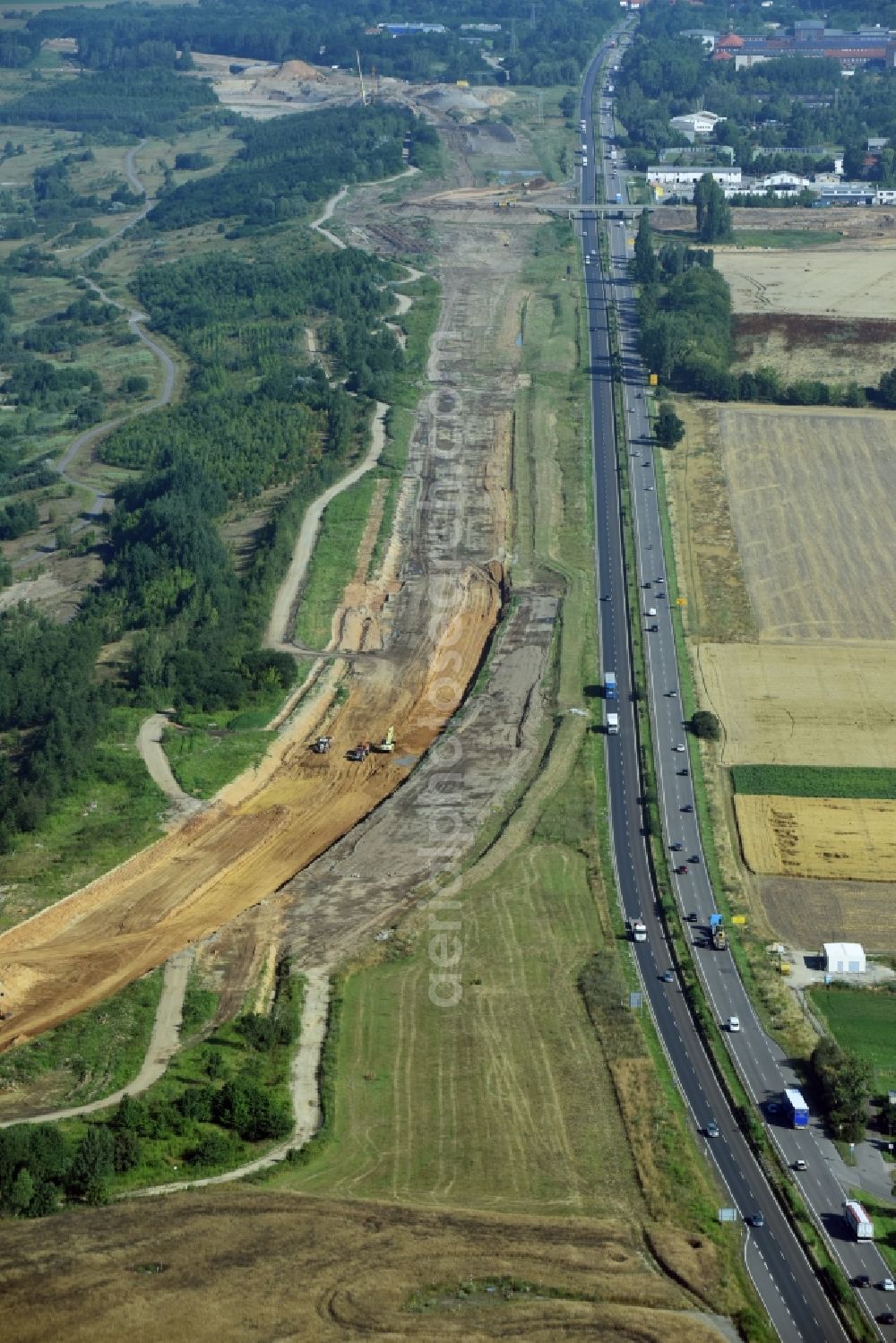 Borna from above - Highway- Construction site with earthworks along the route and of the route of the highway route B95 to A72 motorway in Borna in the state Saxony