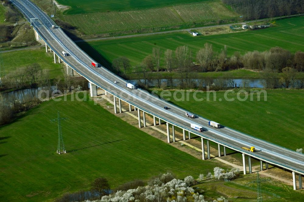 Schkortleben from above - Route and lanes in the course of the motorway bridge of the BAB 38 Saalebruecke near Schkortleben in the state Saxony-Anhalt, Germany