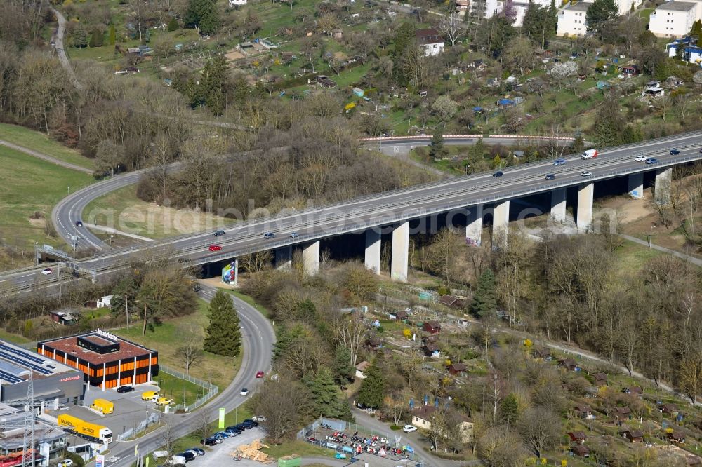 Aerial image Stuttgart - Route and lanes in the course of the motorway bridge structure of the BAB27 in the district of Moehringen in Stuttgart in the state of Baden-Wuerttemberg, Germany
