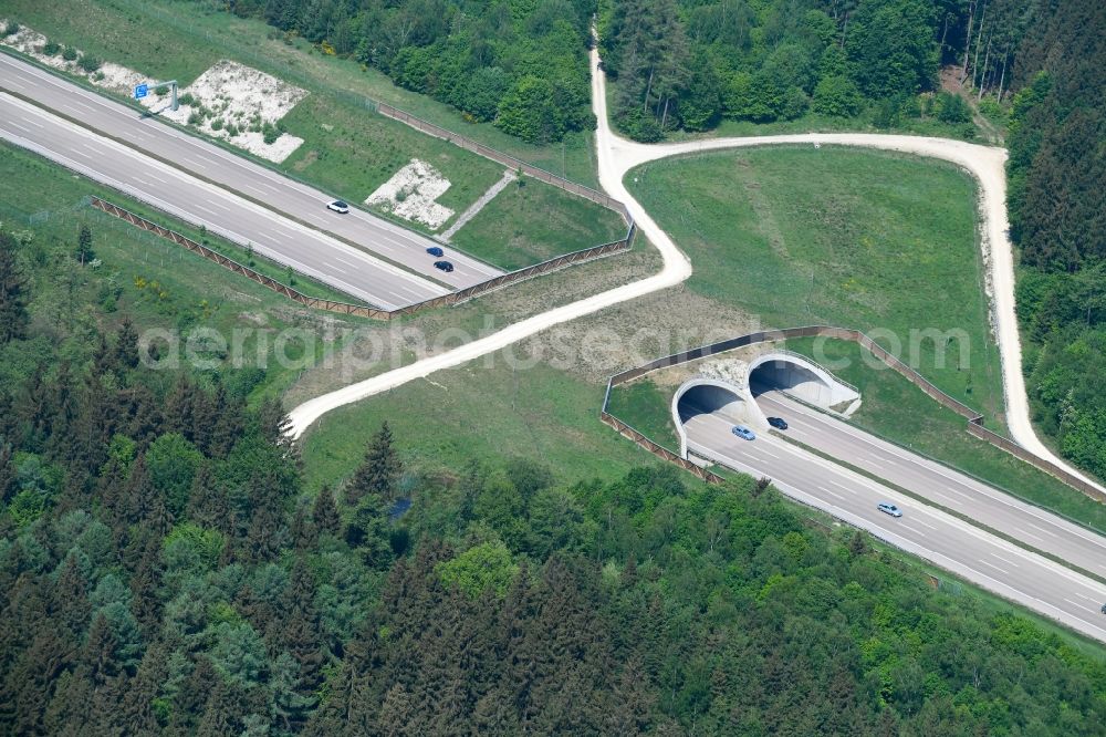 Gersthofen from above - Highway bridge structure applied as a wildlife crossing bridge Wild - Wild swap the BAB A 8 in Gersthofen in the state Bavaria, Germany