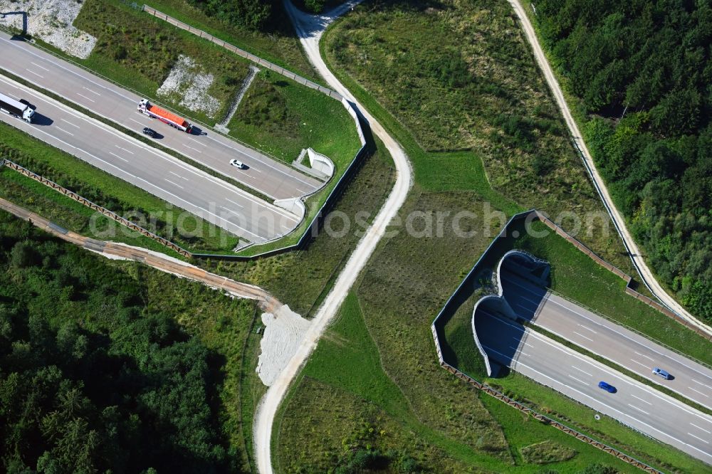 Gersthofen from above - Highway bridge structure applied as a wildlife crossing bridge Wild - Wild swap the BAB A 8 in Gersthofen in the state Bavaria, Germany