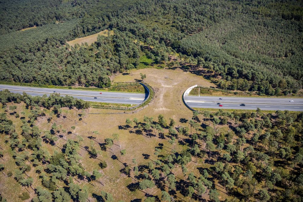 Schermbeck from above - Highway bridge structure applied as a wildlife crossing bridge Wild - Wild swap the BAB A ueber of A31 in Schermbeck in the state North Rhine-Westphalia, Germany