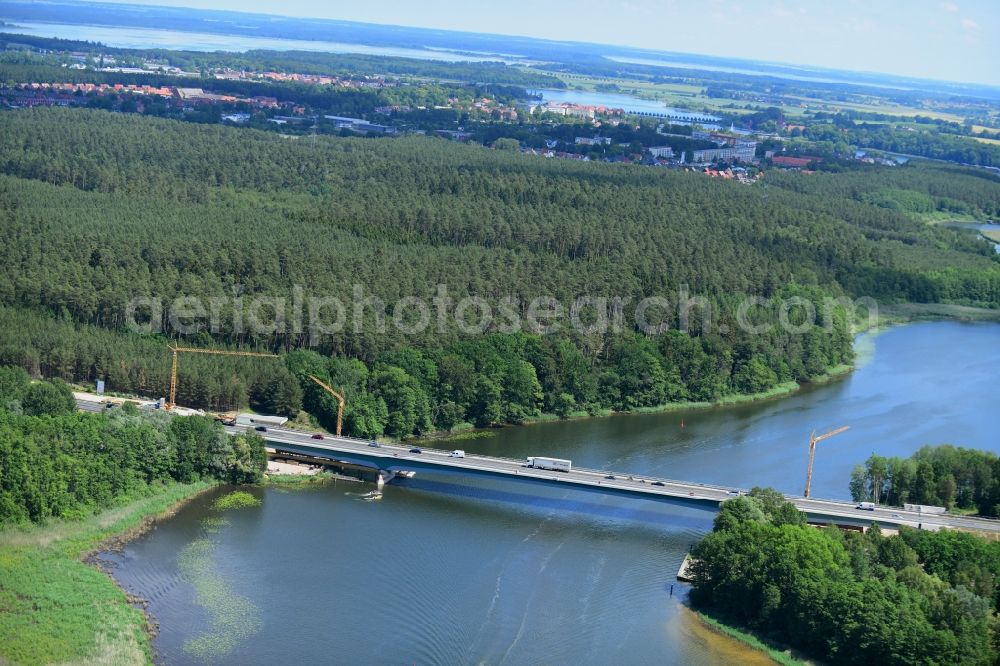 Aerial photograph Petersdorf - Routing and traffic lanes over the highway bridge in the motorway A 19 and new construction site in Petersdorf in the state Mecklenburg - Western Pomerania