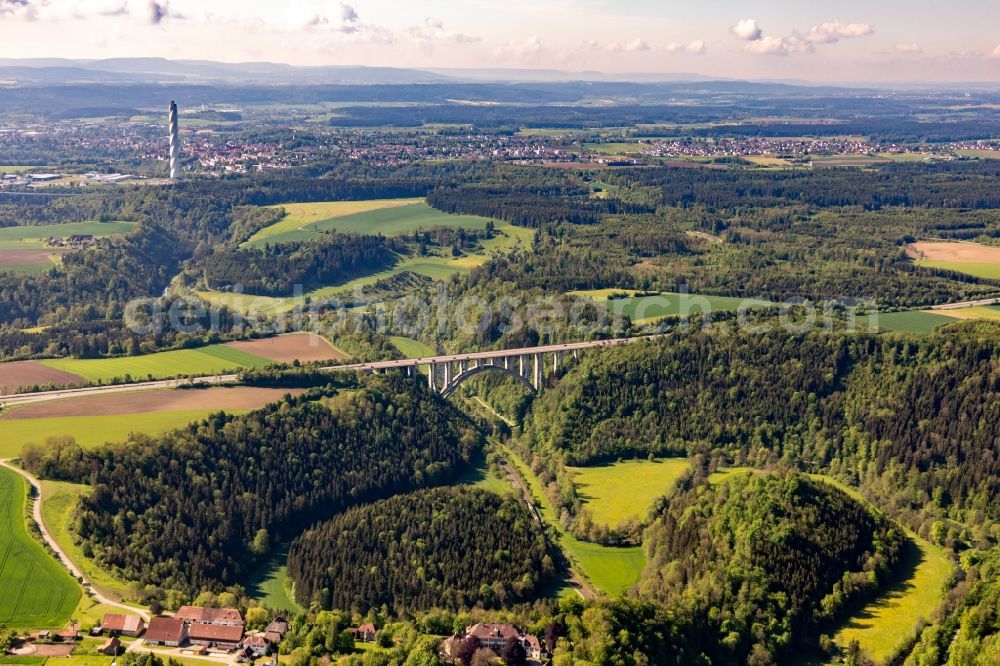 Rottweil from above - Routing and traffic lanes over the highway bridge in the motorway A 81 crossing the Neckar river in Rottweil in the state Baden-Wurttemberg, Germany