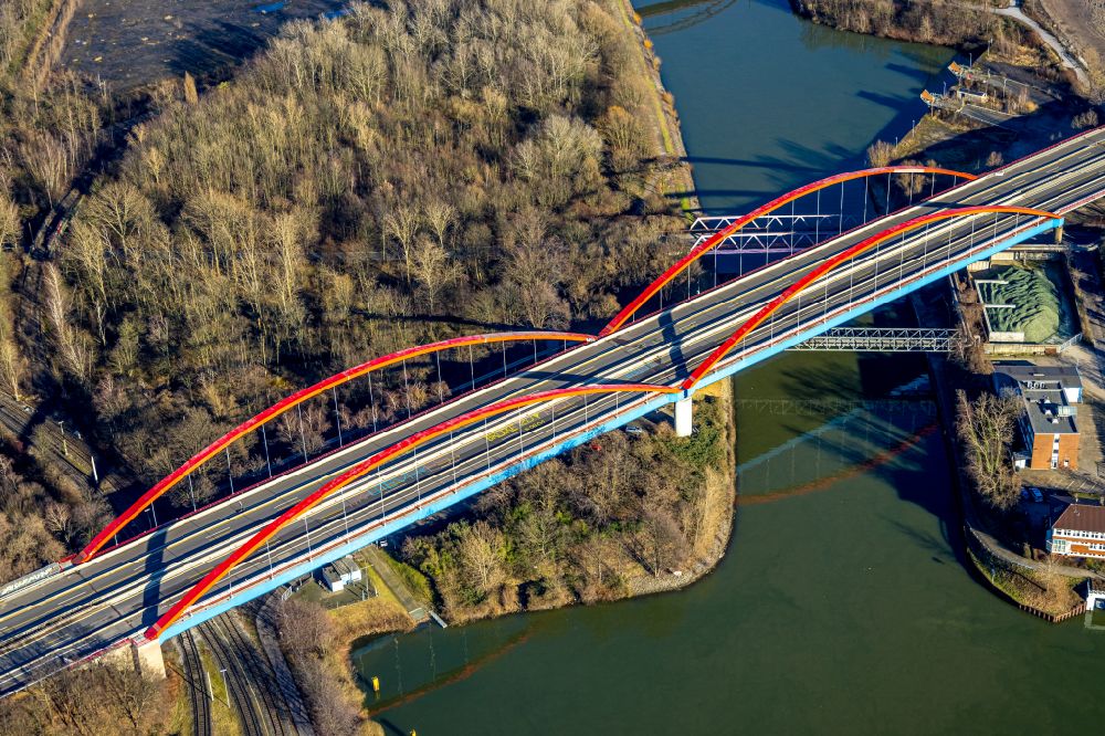 Aerial image Bottrop - Highway bridge construction of the motorway A 42 over the Rhine-Herne canal in Bottrop in North Rhine-Westphalia