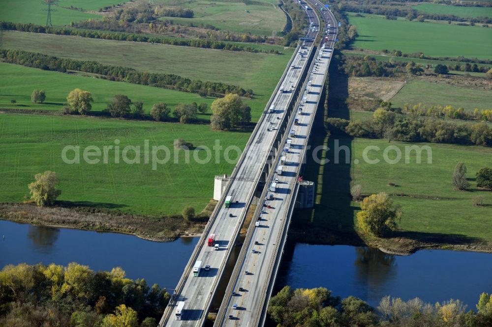 Hohenwarthe from above - Routing and traffic lanes over the highway bridge in the motorway A 2 Elbbruecke about the shore of Elbe river in Hohenwarthe in the state Saxony-Anhalt, Germany