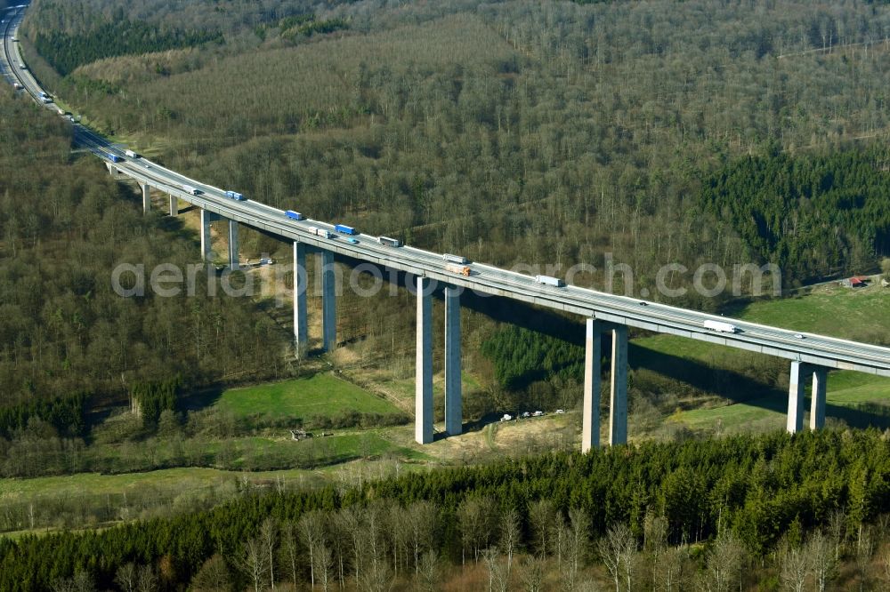 Motten from above - Routing and traffic lanes over the highway bridge in the motorway A 7 - Grenzwaldbruecke in Motten in the state Bavaria, Germany