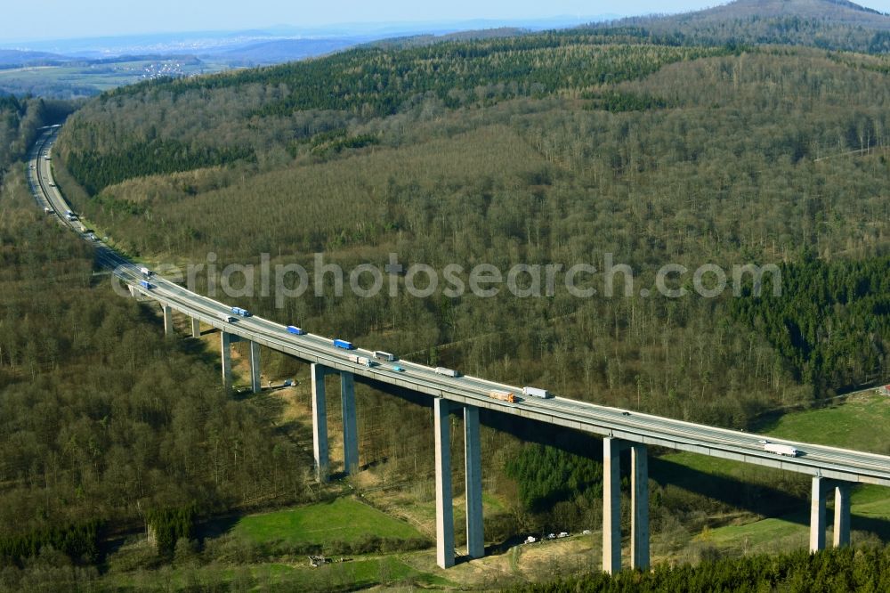 Motten from the bird's eye view: Routing and traffic lanes over the highway bridge in the motorway A 7 - Grenzwaldbruecke in Motten in the state Bavaria, Germany
