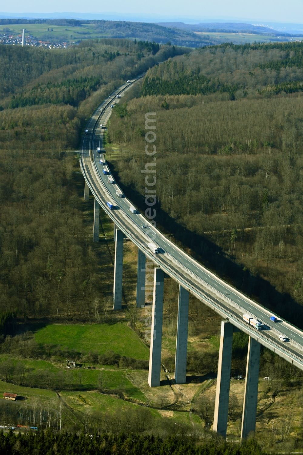 Aerial photograph Motten - Routing and traffic lanes over the highway bridge in the motorway A 7 - Grenzwaldbruecke in Motten in the state Bavaria, Germany