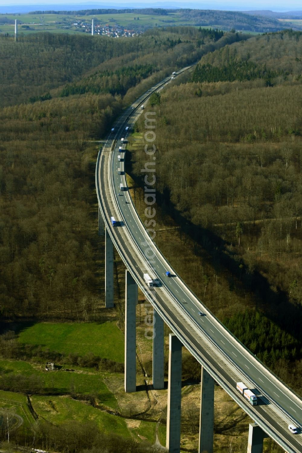 Motten from the bird's eye view: Routing and traffic lanes over the highway bridge in the motorway A 7 - Grenzwaldbruecke in Motten in the state Bavaria, Germany
