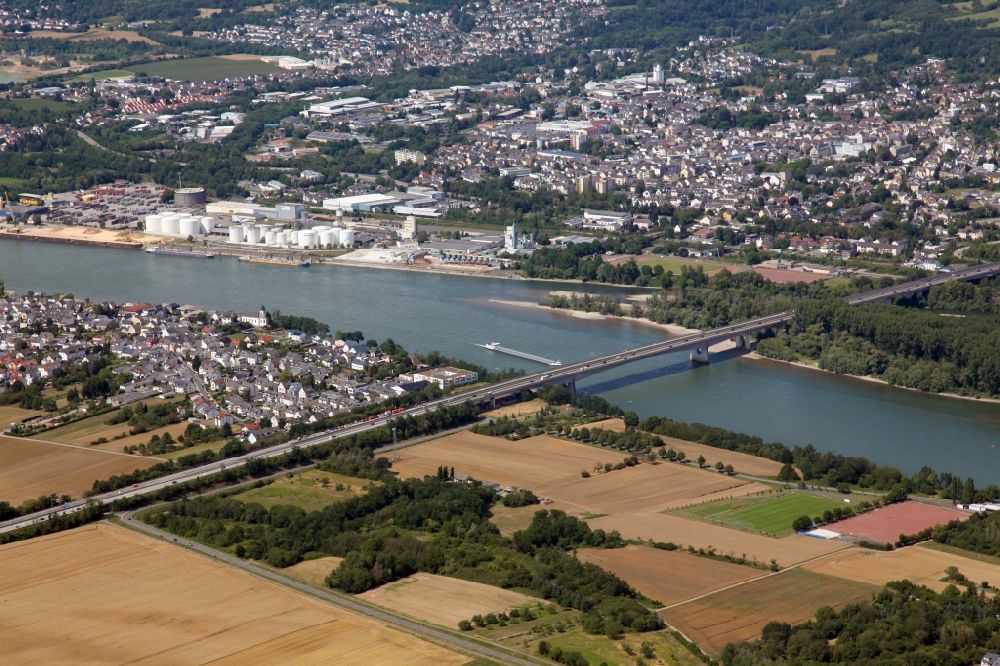 Koblenz from the bird's eye view: Routing and traffic lanes over the highway bridge in the motorway A 48 over the rhine river at Koblenz in the state Rhineland-Palatinate, Germany