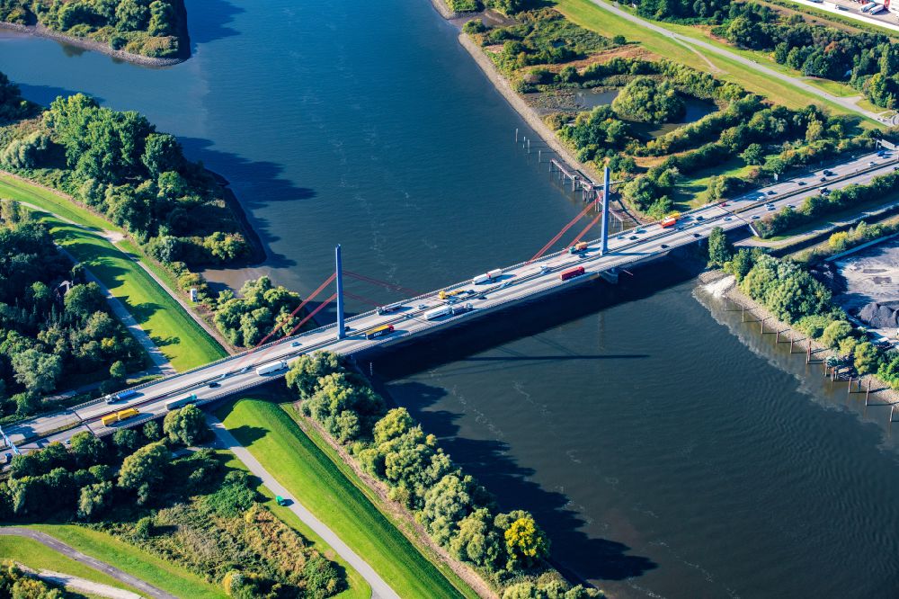 Hamburg from above - Routing and traffic lanes over the highway bridge in the motorway A A1 Moorfleet in Hamburg, Germany