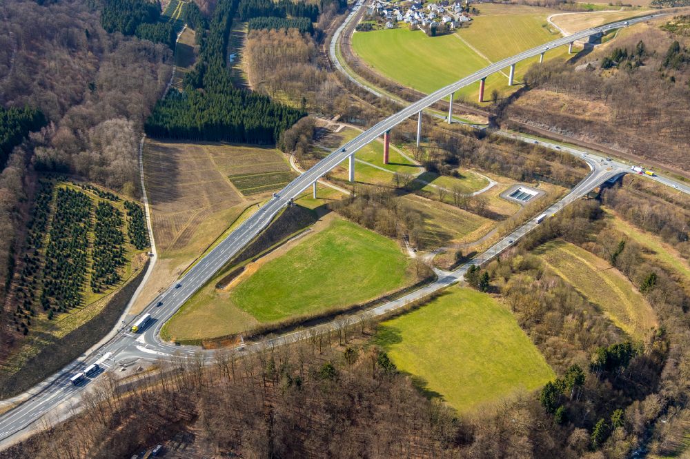 Aerial image Olsberg - Routing and lanes in the course of the motorway bridge of the BAB A 46 Neue Ruhrtalbruecke Bermecke near Olsberg in the state North Rhine-Westphalia, Germany