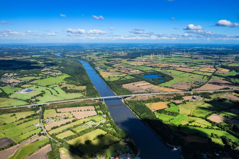 Aerial image Bornholt - Motorway bridge structure of the BAB A 23 Schaftstedt over the Kiel Canal in Bornholt in the state Schleswig-Holstein, Germany