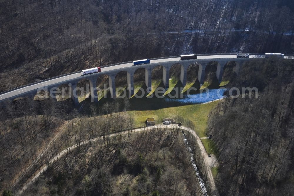 Mühlhausen im Täle from above - Routing and traffic lanes over the highway bridge in the motorway A8 Todtsburgbruecke in Muehlhausen im Taele in the state Baden-Wuerttemberg, Germany