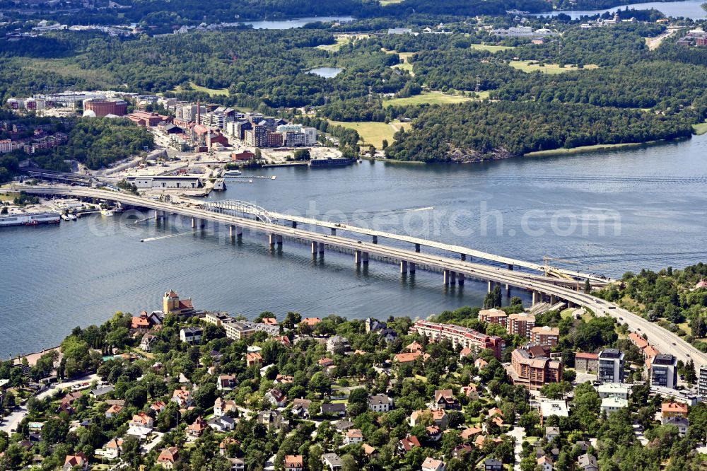 Aerial image Lidingö - Routing and traffic lanes over the highway bridge in the motorway Lidingoebron in Lidingoe in Stockholms laen, Sweden