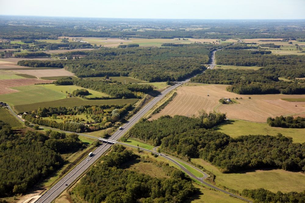Aerial photograph Saint Georges du Bois - Routing and traffic lanes over the highway bridge in the motorway A85 in Saint-Georges-du-Bois in Pays de la Loire, France