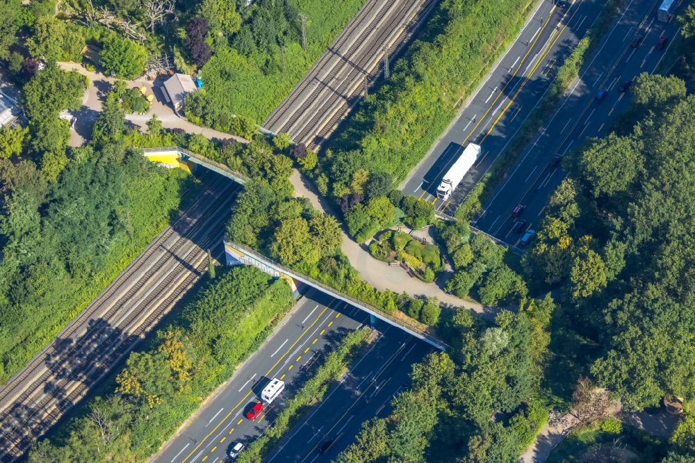 Aerial photograph Duisburg - Bridge of a wildlife bridge designed as a green bridge - wildlife crossing bridge over the motorway BAB A3 in the district Duissern in Duisburg in the state North Rhine-Westphalia, Germany