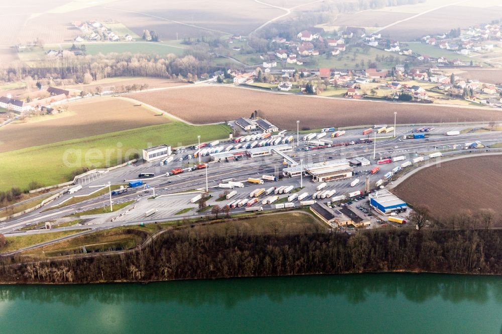 Aerial image Suben - Highway customs station and immigration checkpoint of the A 8 in Suben in Oberoesterreich, Austria