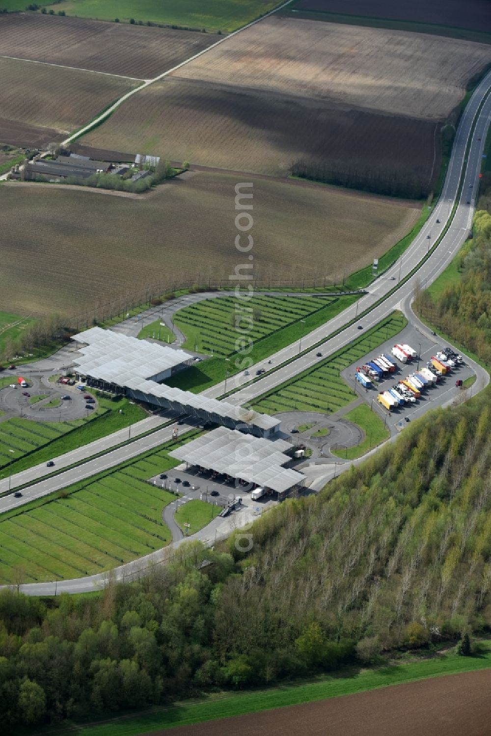 Hellebecq from above - Truck - parking spaces at the highway rest stop and parking of the A A8 / E429 Aire de Service de Hellebecq in Region wallonne, Belgium