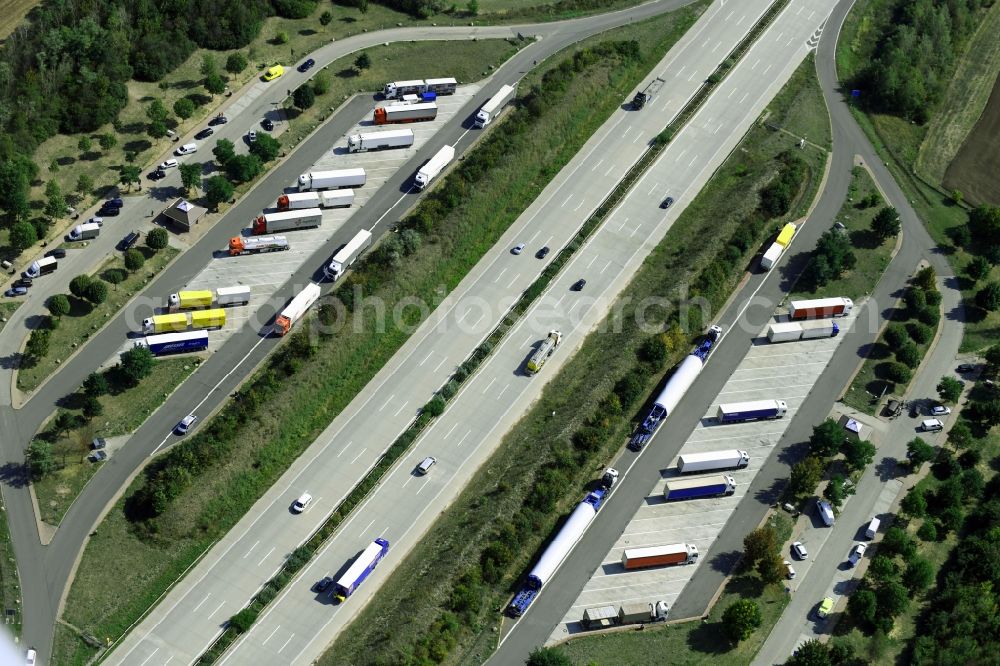 Landsberg from above - Routing and traffic lanes during the motorway service station and parking lot of the BAB A 9 - Kapellenberg in Landsberg in the state Saxony-Anhalt, Germany