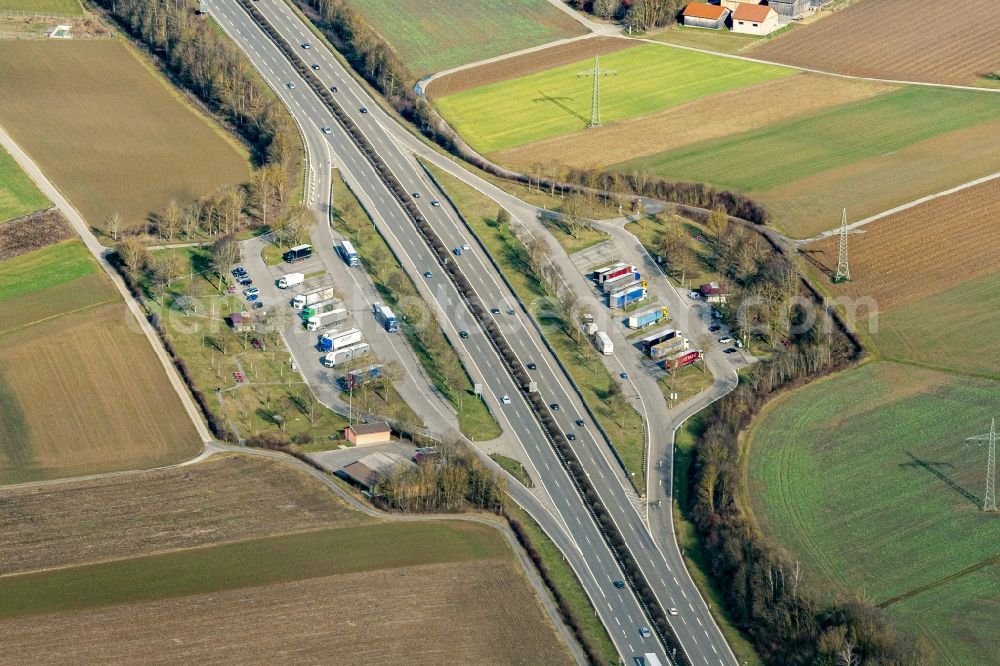 Eutingen im Gäu from above - Routing and traffic lanes during the motorway service station and parking lot of the BAB A Neckarblick and Hirtenhaus in Eutingen im Gaeu in the state Baden-Wurttemberg, Germany
