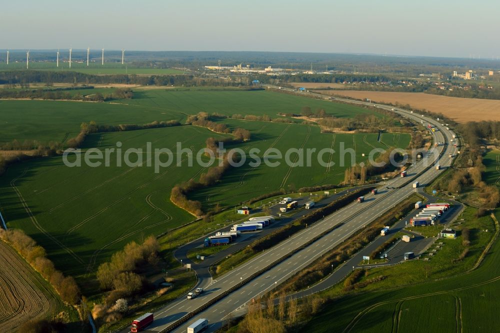 Klieken from the bird's eye view: Routing and traffic lanes during the motorway service station and parking lot of the BAB A 9 Parkplatz Kliekener Aue Ost in Klieken in the state Saxony-Anhalt, Germany