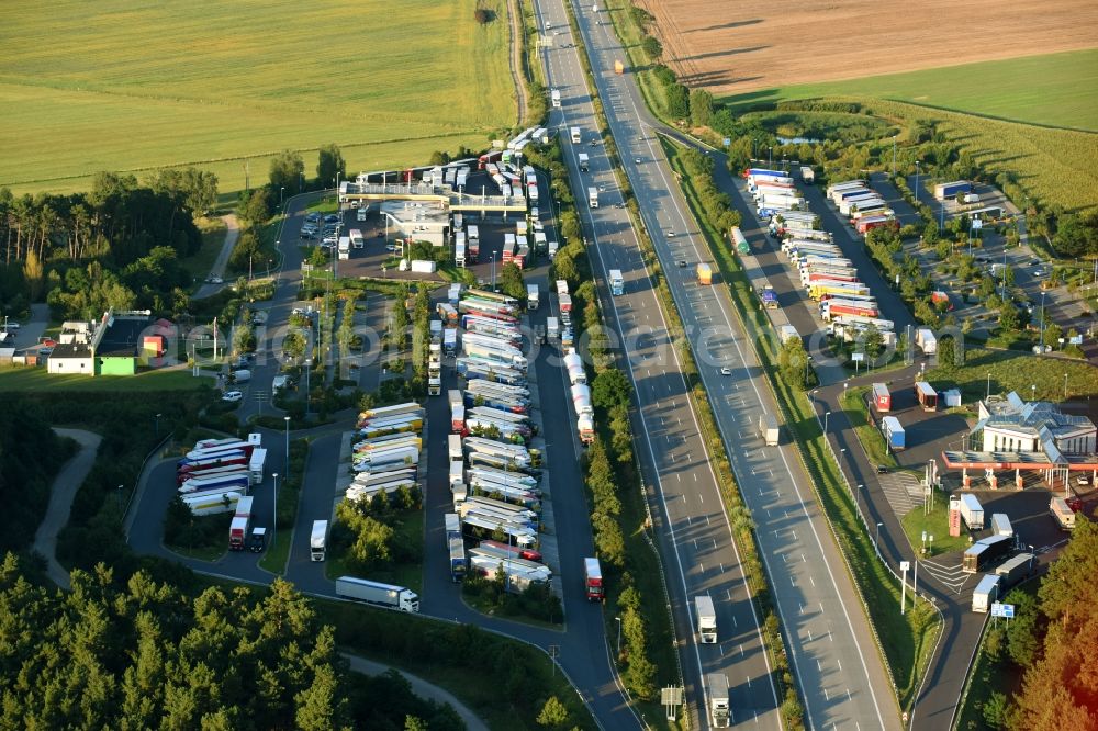 Ziesar from above - Routing and traffic lanes during the motorway service station and parking lot of the BAB A2 in Ziesar in the state Brandenburg, Germany