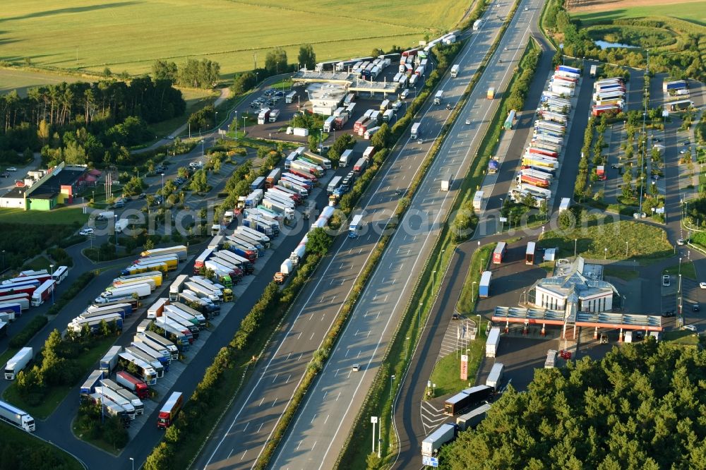Ziesar from the bird's eye view: Routing and traffic lanes during the motorway service station and parking lot of the BAB A2 in Ziesar in the state Brandenburg, Germany