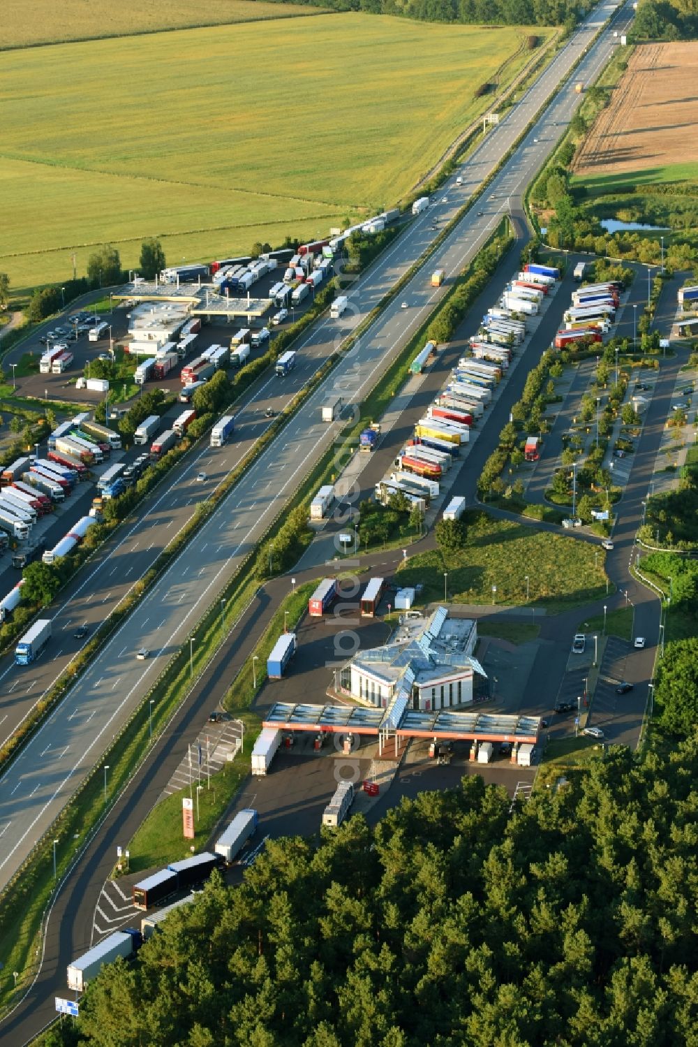 Aerial image Ziesar - Routing and traffic lanes during the motorway service station and parking lot of the BAB A2 in Ziesar in the state Brandenburg, Germany