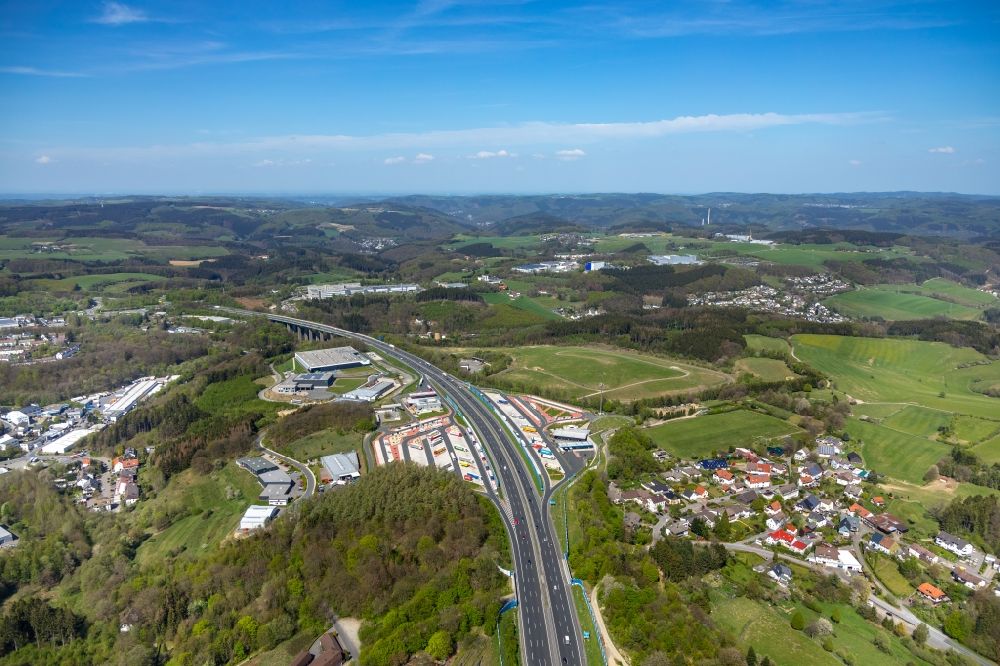 Lüdenscheid from above - Motorway service area Sauerland West on the edge of the course of BAB highway 45 in Luedenscheid in the state North Rhine-Westphalia, Germany