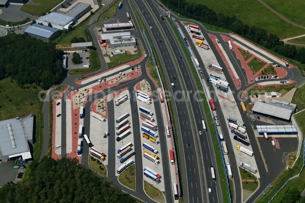 Lüdenscheid from above - Motorway service area Sauerland West on the edge of the course of BAB highway 45 in Luedenscheid in the state North Rhine-Westphalia, Germany