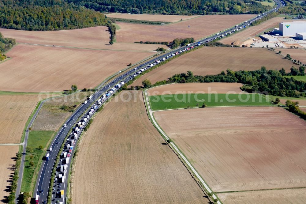 Aerial image Hann. Münden - Highway congestion along the route of the lanes Autobahn A 7 in Hann. Muenden in the state Lower Saxony, Germany