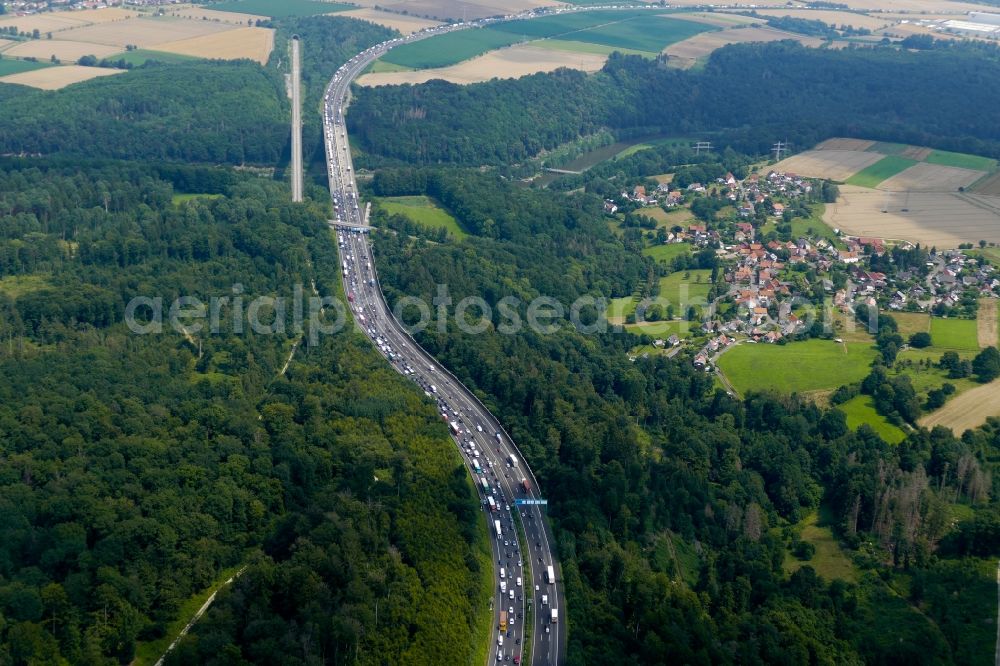 Hann. Münden from above - Highway congestion along the route of the lanes Autobahn A 7 in Hann. Muenden in the state Lower Saxony, Germany