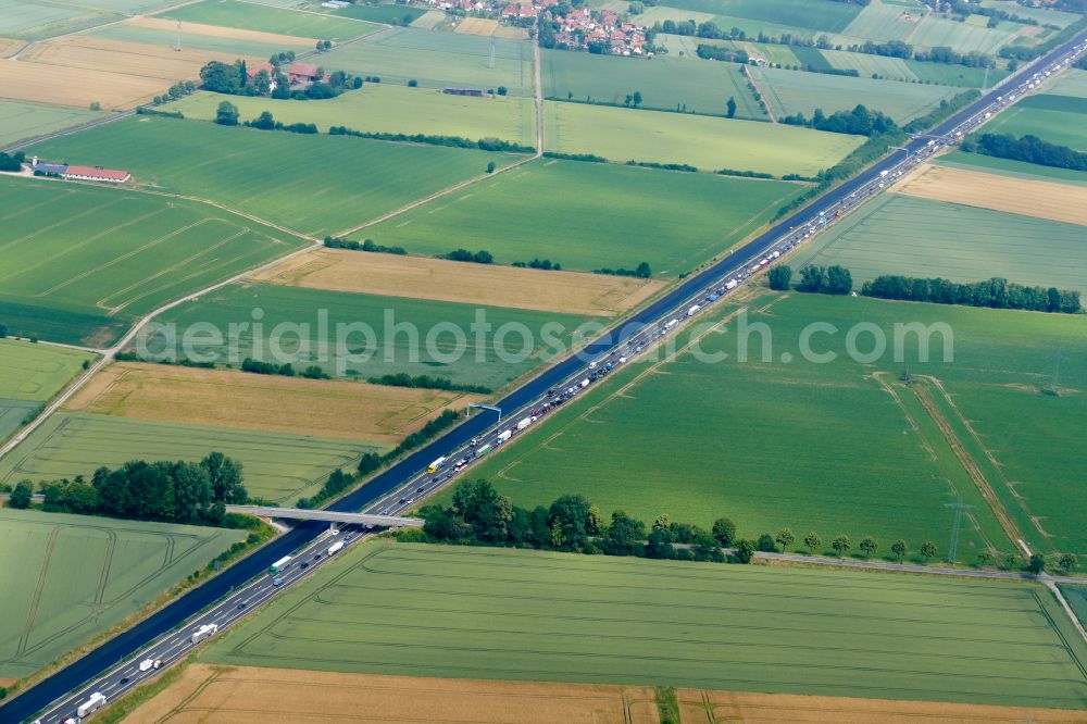 Aerial photograph Rosdorf - Motorway congestion along the route of the lanes Autobahn A7 in Rosdorf in the state Lower Saxony, Germany