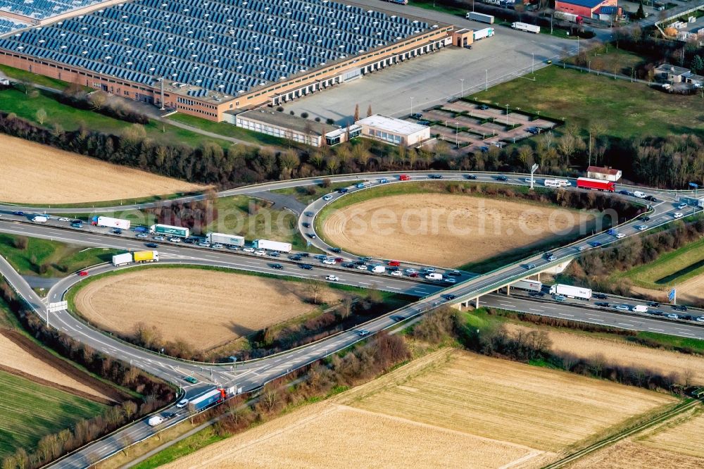 Aerial photograph Mahlberg - Highway congestion along the route of the lanes BAB A5 Ausfahrt Ettenheim in Mahlberg in the state Baden-Wurttemberg, Germany