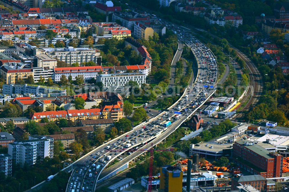 Berlin from above - Motorway congestion along the route of the lanes BAB A100 on street Rudolstaedter Strasse in the district Wilmersdorf in Berlin, Germany