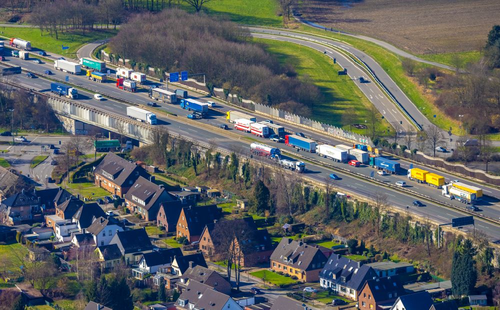 Bottrop from above - Motorway congestion along the route of the lanes BAB A2 in the district Eigen in Bottrop at Ruhrgebiet in the state North Rhine-Westphalia, Germany