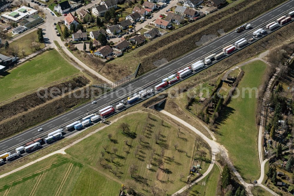 Aerial image Friolzheim - Motorway congestion along the route of the lanes BAB A8 in Friolzheim in the state Baden-Wuerttemberg, Germany