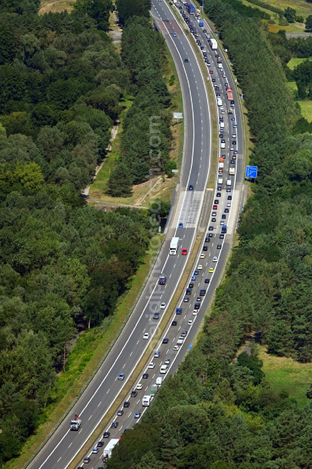 Hohenschöpping from above - Highway congestion along the route of the lanes BAB A111 in Hohenschoepping in the state Brandenburg, Germany