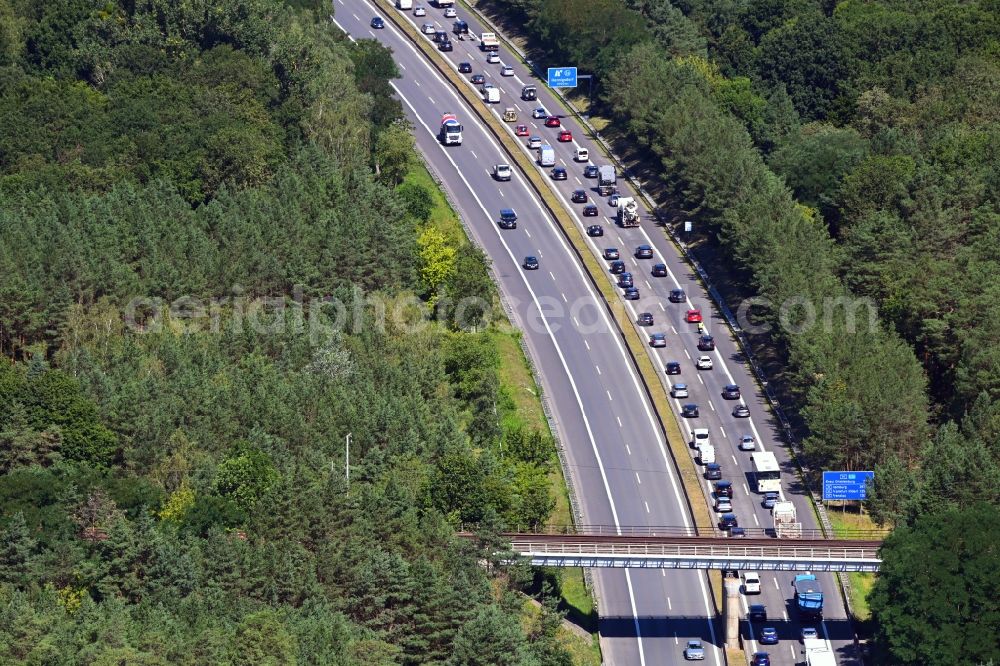 Aerial image Hohenschöpping - Highway congestion along the route of the lanes BAB A111 in Hohenschoepping in the state Brandenburg, Germany