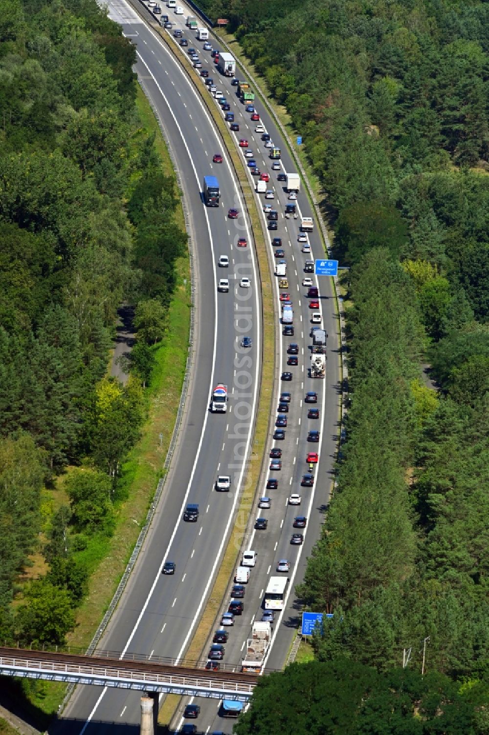 Aerial photograph Hohenschöpping - Highway congestion along the route of the lanes BAB A111 in Hohenschoepping in the state Brandenburg, Germany