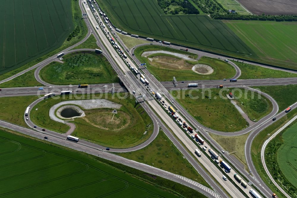 Aerial image Ilberstedt - Highway jam along the route of the lanes A14 at the departure Bernburg in Ilberstedt in the state Saxony-Anhalt