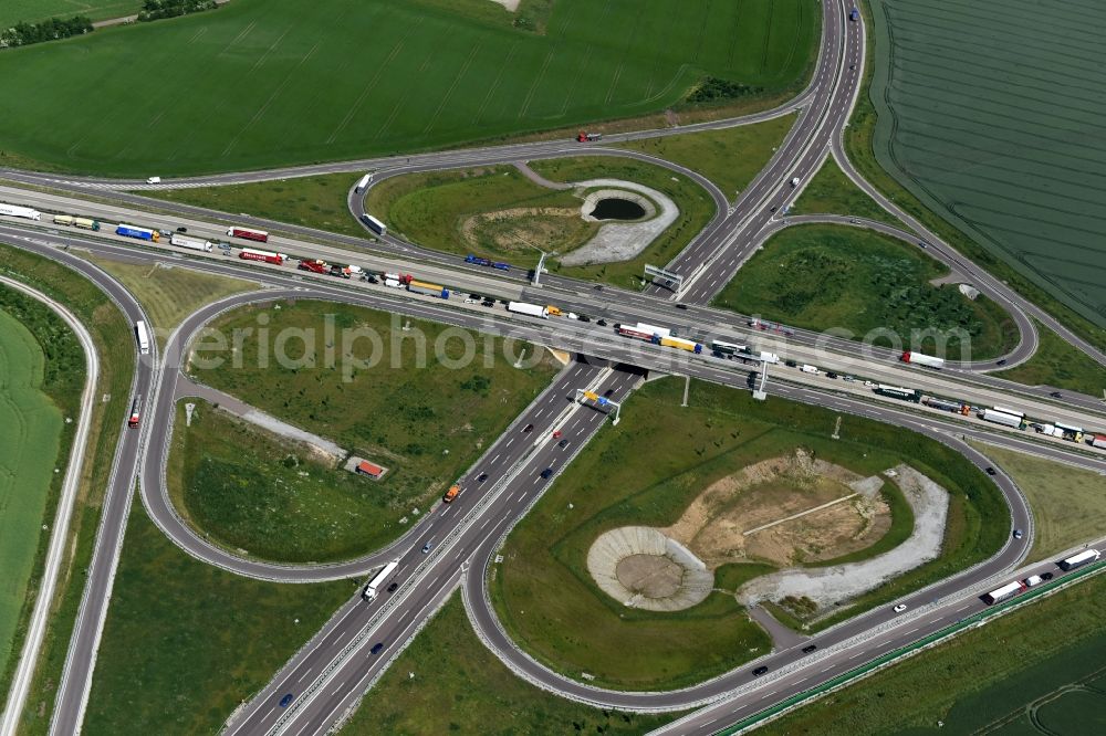 Ilberstedt from above - Highway jam along the route of the lanes A14 at the departure Bernburg in Ilberstedt in the state Saxony-Anhalt