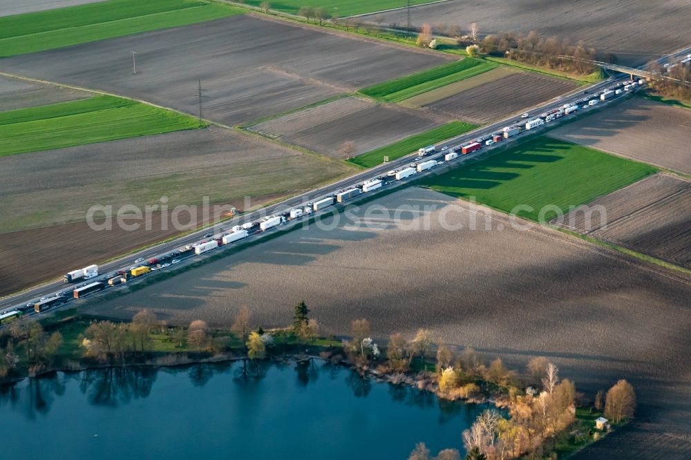Mahlberg from above - Highway congestion along the route of the lanes A5 in Mahlberg in the state Baden-Wurttemberg, Germany