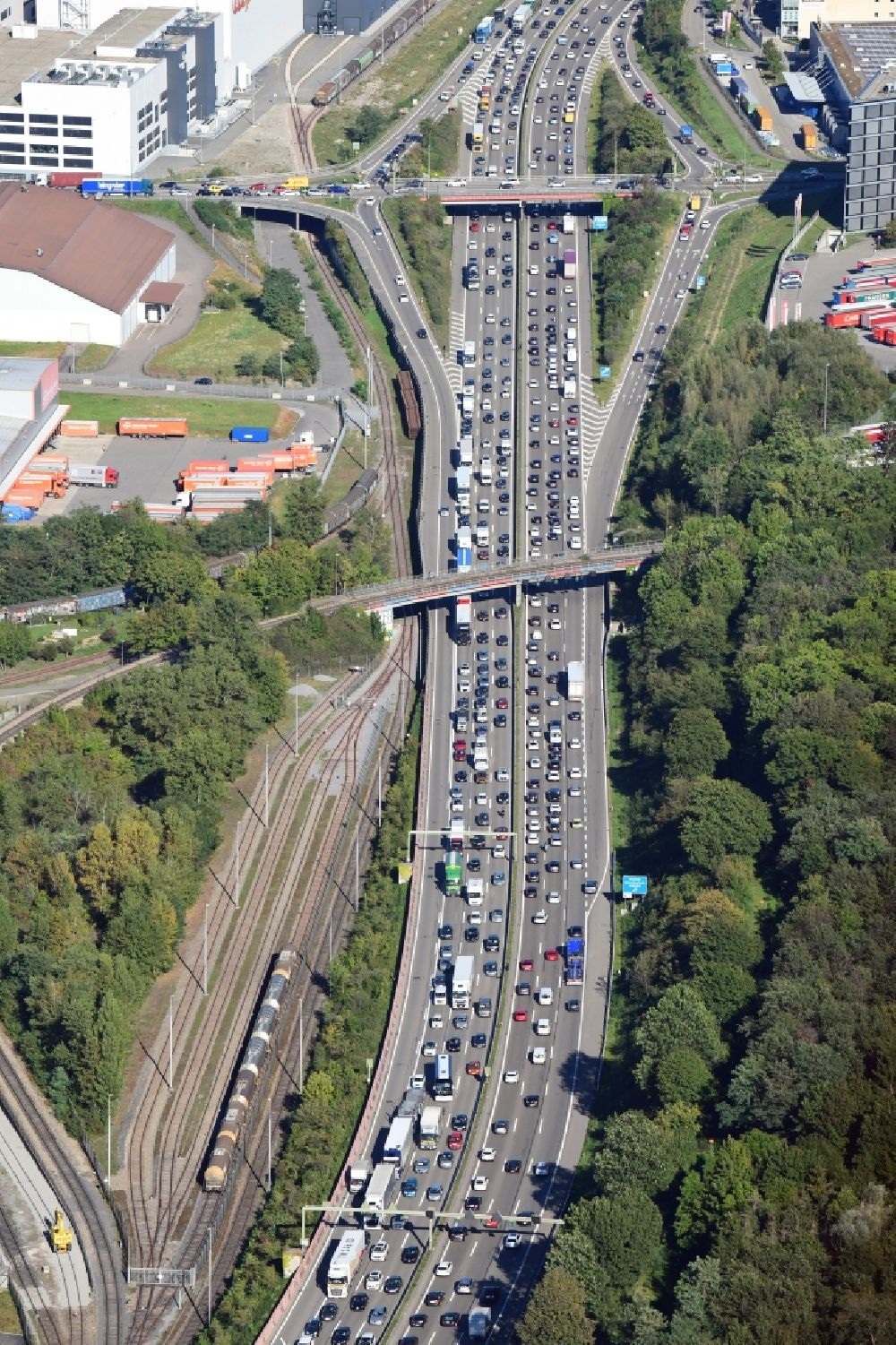 Aerial image Pratteln - Highway congestion along the route of the lanes of the swiss motorway A2 / A3 in Pratteln next to Basle in the canton Basel-Landschaft, Switzerland