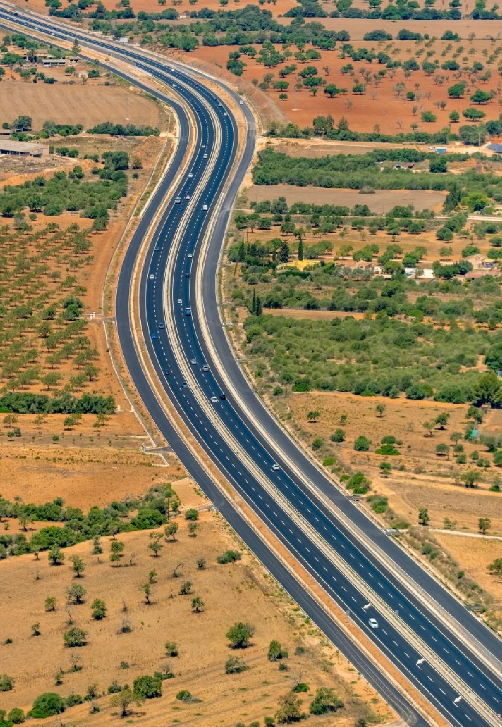 Campos from the bird's eye view: Highway route Ma-19 in in Campos in Islas Baleares, Spain