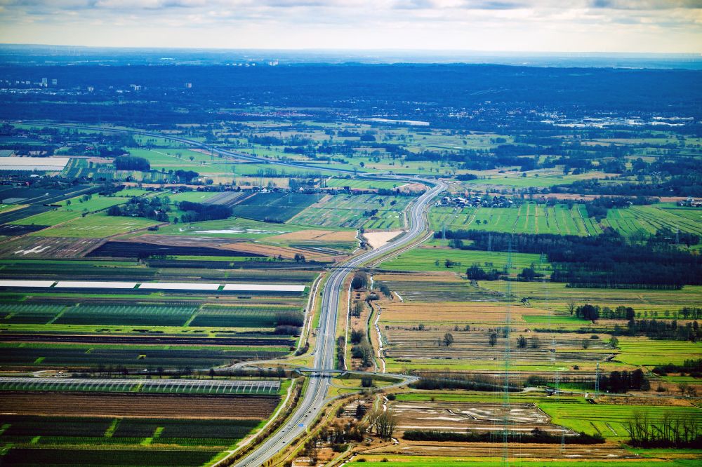 Buxtehude from above - Autobahn route New construction of the BAB exit A26 in Jork in the state Lower Saxony, Germany